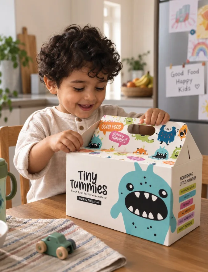 Toddler enjoying a Tiny Tummies lunchbox at home